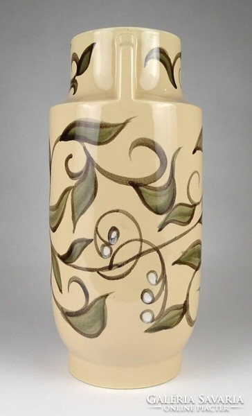 1K569 butter colored marked majolica vase with flower decoration 30.5 Cm