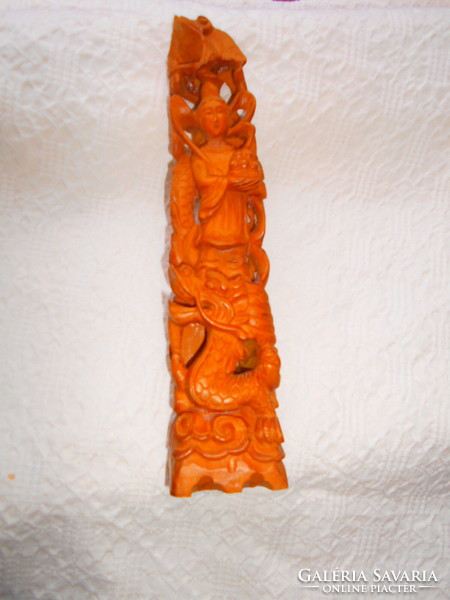 Elaborately crafted carved sandalwood woman figure with dragon snake 27.5 cm length