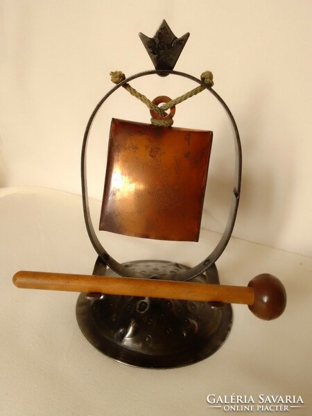 Retro lunch signal column, tinned iron bell on a forged iron stand, with rubber head gong