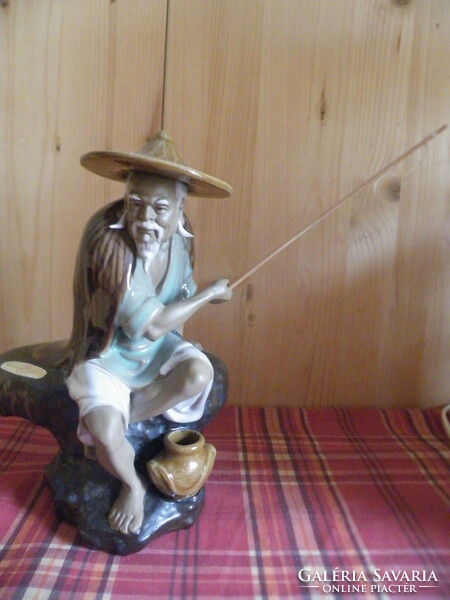 Old, unique figural, Chinese glazed, marked pottery - fisherman in hat, holding rod -