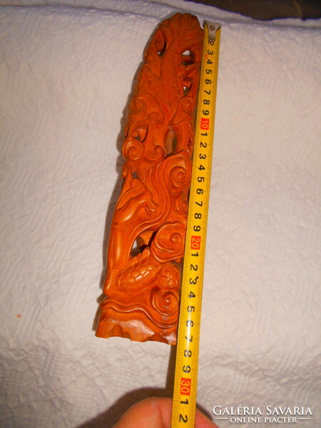 Elaborately crafted carved sandalwood woman figure with dragon snake 27.5 cm length