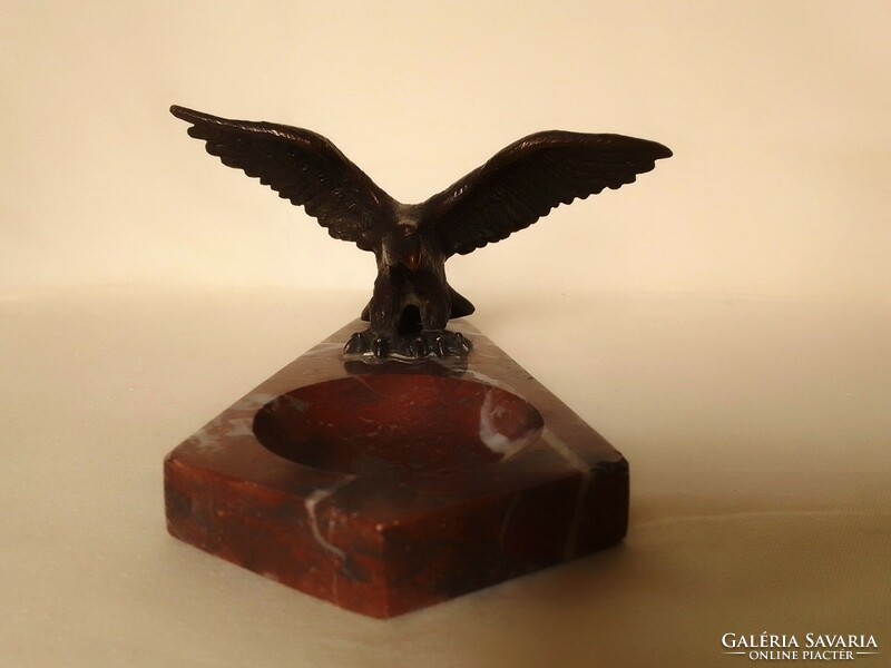 Old antique bronze turul bird with spread wings, red marble table holder, ashtray