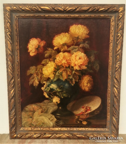 Marguerite Geraud (1879-1969) Csendélet Rózsákkal c. antik festménye 99x83cm Eredeti Garanciával!!