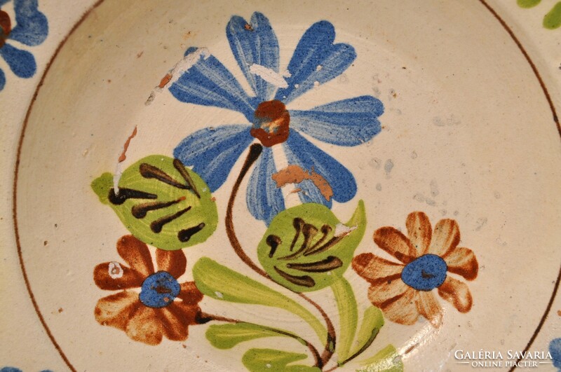 Transylvanian earthenware deep plate, peasant plate. Hand painted. 100 years old.
