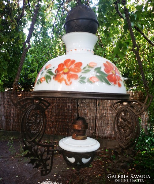 Antique Art Nouveau chandelier, chandelier lamp, milk glass shade, cast iron frame, 100 years old, can be electrified! 2.