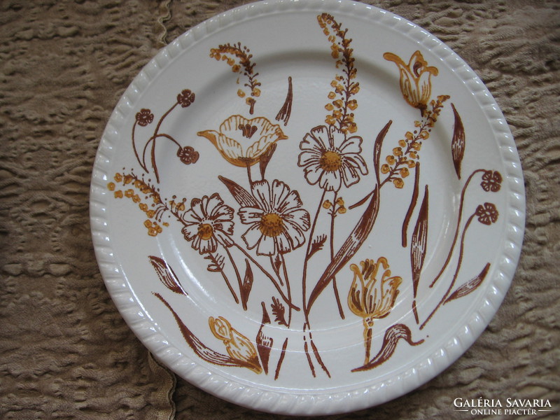 English small plate with brown poppies, daisies and tulips