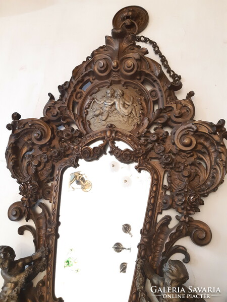 Dreamy!!! Antique baroque silver-plated bronzed cast iron candlestick figural putto mirror