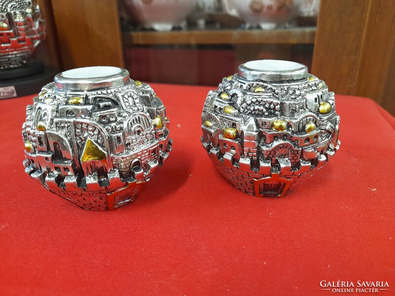 Judaika 925 silver-plated Jerusalem skyline candle holder pair, souvenir. 6 Cm.