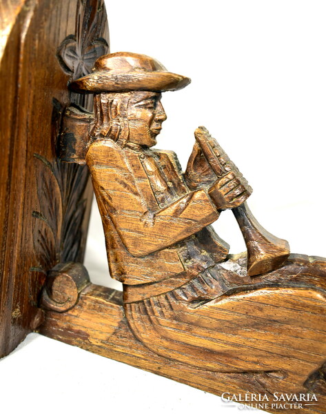 Flute-playing shepherd ... Carved figural massive wooden bookend pair!