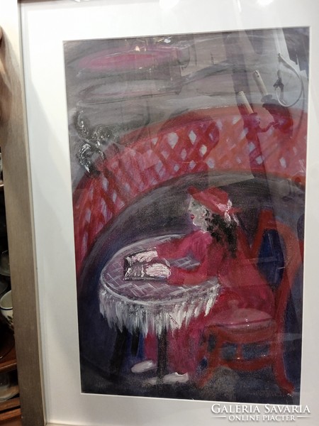 Hölgy asztalnál,festmény, vegyestechnika, 54 x 34 cm, feloldatlan szignóval
