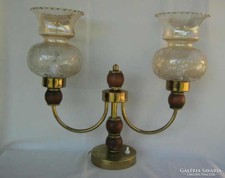 Réz fa díszítéssel retro üvegbúrás asztali lámpa