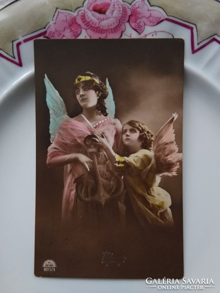 Antik kézzel színezett karácsonyi fotólap/képeslap kislány/hölgy/angyalok 1915