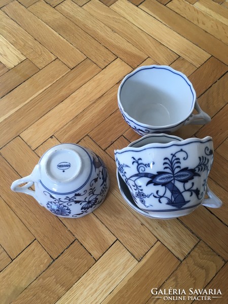 Meissen porcelain plate, cup, bowl, spoon, salt shaker, sauce bowl