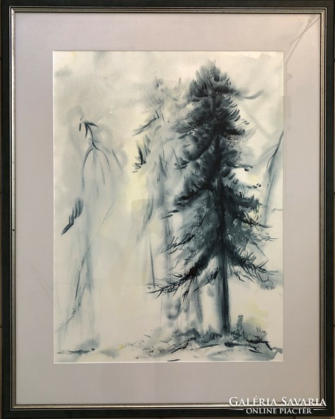 Fenyőerdót ábrázoló, nagyméretű akvarell, ismeretlen alkotó munkája