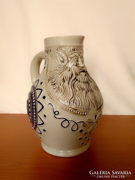 Huge German Bavarian stoneware ceramic gersite wine jug jug with satyr head, grape leaf and tendril