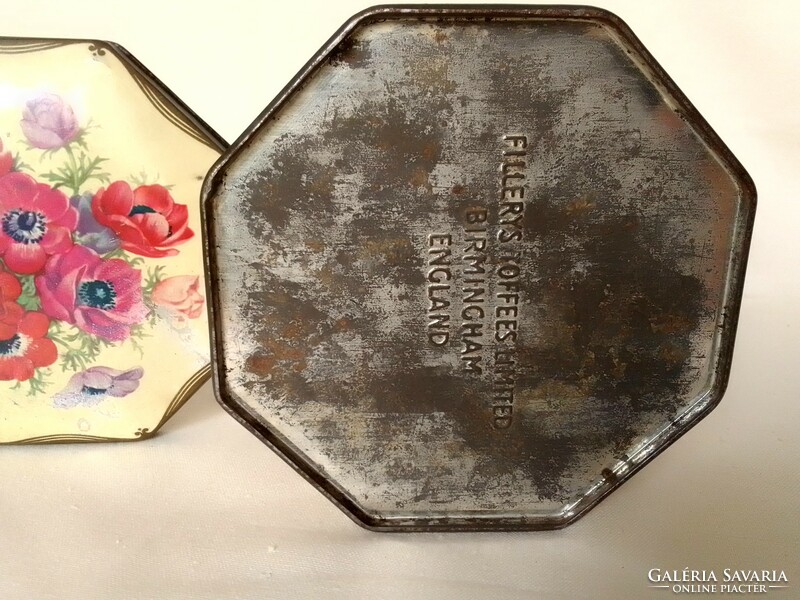 Antique Old Octagonal English Metal Caramel Box Pansy, Marked, Birmingham, Hinged