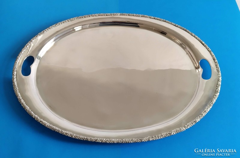 Ezüst  ovális fűles tálca óriás méretű 68 × 48 cm;   2.400 gramm