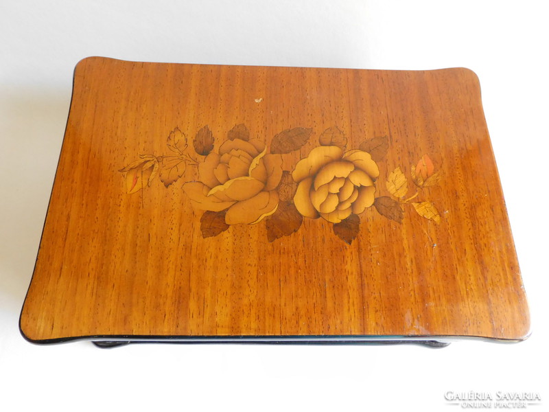 Rose inlaid antique wooden box with shell keyhole