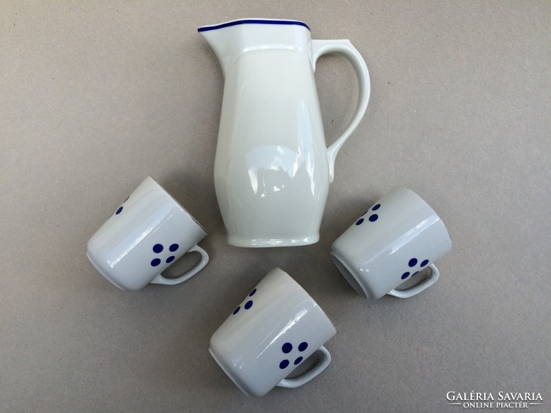 Old Zsolnay porcelain blue striped water jug and 3 mugs with blue dots