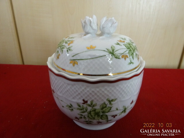 Hollóháza porcelain, round bonbonier with Erika pattern, height 13 cm. He has! Jokai.