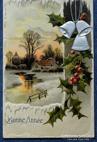 Antik dombornyomott Újévi üdvözlő litho képeslap magyal téli táj jégcsap keretben ezüst csengő