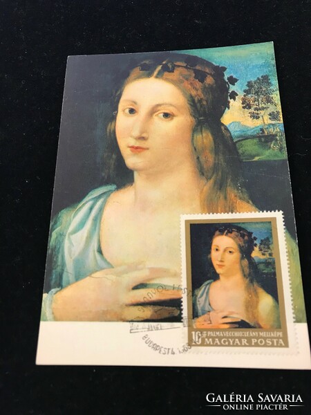 Első napi bélyegzésű képeslap. Palma Vecchio 1480 k. -1528 Leány mellképe Szépművészeti Múzeum  Bp.