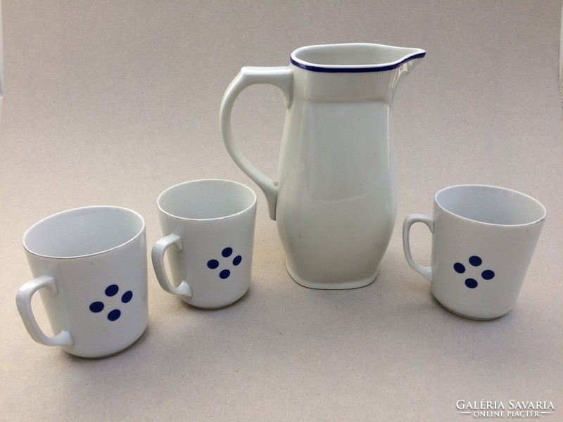 Old Zsolnay porcelain blue striped water jug and 3 mugs with blue dots