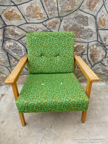 Retro wooden armchair with arms and legs, green, with original upholstery