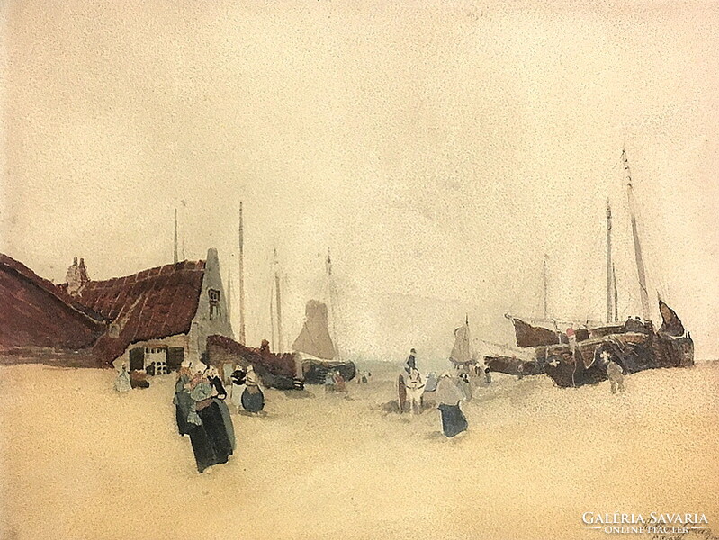 Kallina Géza:Tengeri halászfalu (1905),kerettel 69 x 81,5 cm,akvarell
