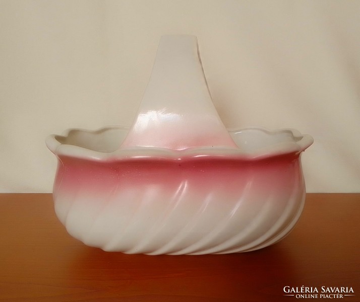 Antique old ceramic earthenware basket with pink and white glaze, basket, serving bowl, flower stand