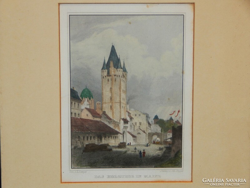 Szines litográfia keretben Mainz városáról, Johannes Poppel (1807-1882) acélmetszete