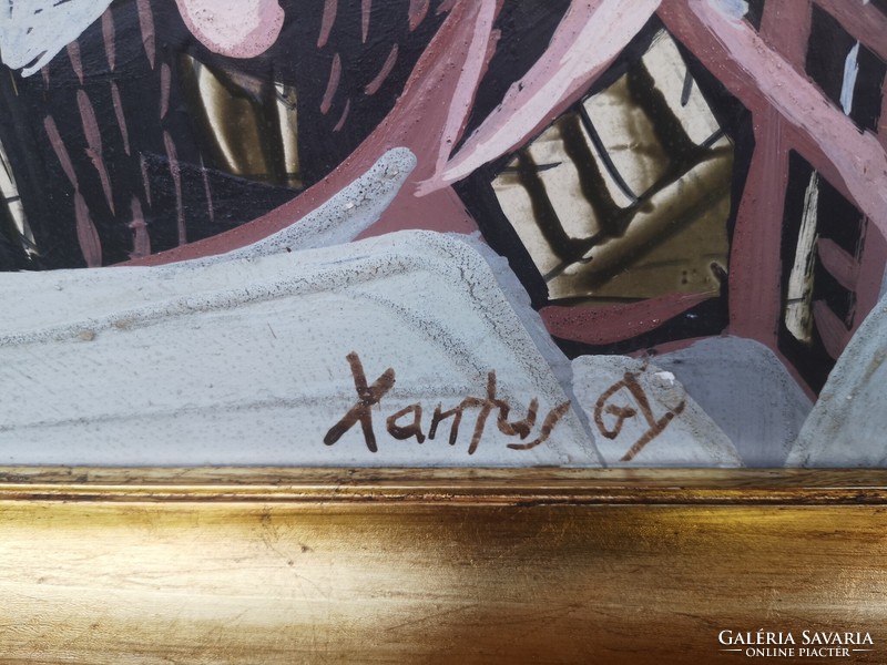 Gyula Xantus (1919 - 1993) old houses c. Gallery painting 86x66cm with original guarantee!