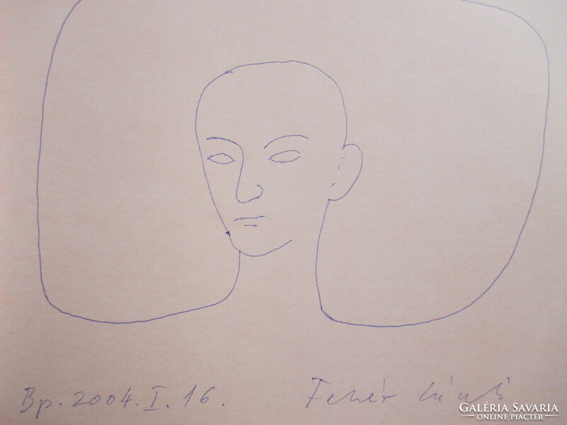 Pen drawing by László Fehér with signature and dedication. Unique, self-made work in the exhibition catalog.