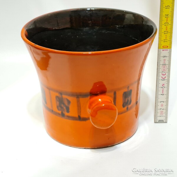 Applied art, orange glazed, geometric pattern, mortar-shaped ceramic bowl (2377)