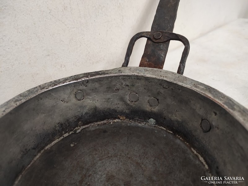 Antik nyeles lábas konyhai edény eszköz kovácsolt vas nyelű ónozott vörösréz 960 6072
