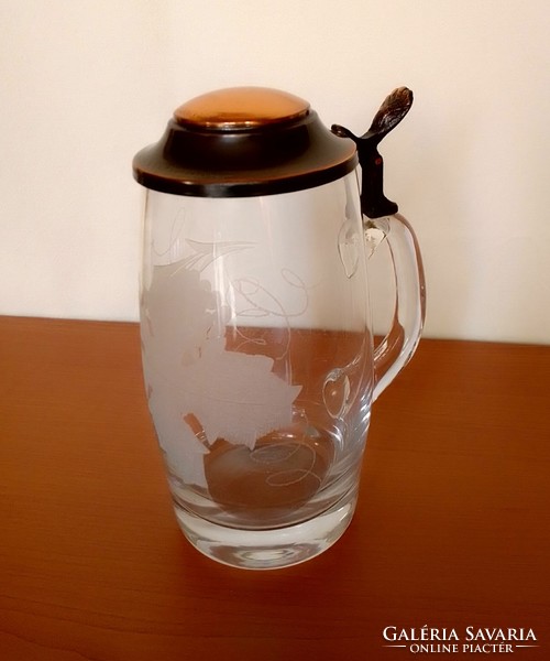 Polished grape and grape leaf pattern half liter German copper glass beer pitcher with lid