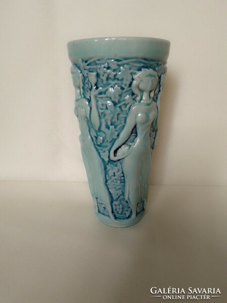 Régi kerámia fajansz kék alapmázas Zsolnay váza pohár szüret boros korsó lány szőlő ritka gyűjtői