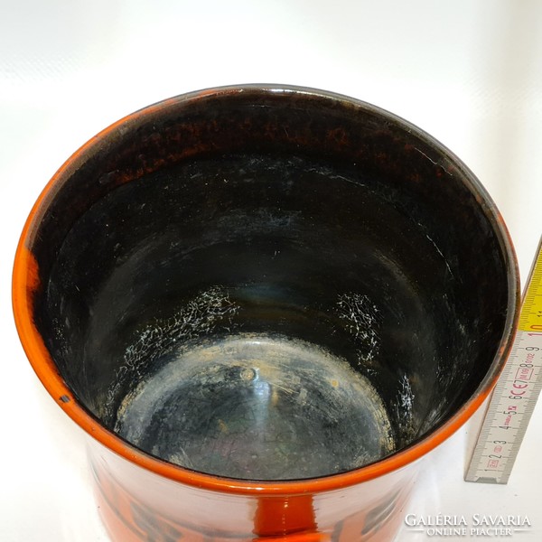 Applied art, orange glazed, geometric pattern, mortar-shaped ceramic bowl (2377)