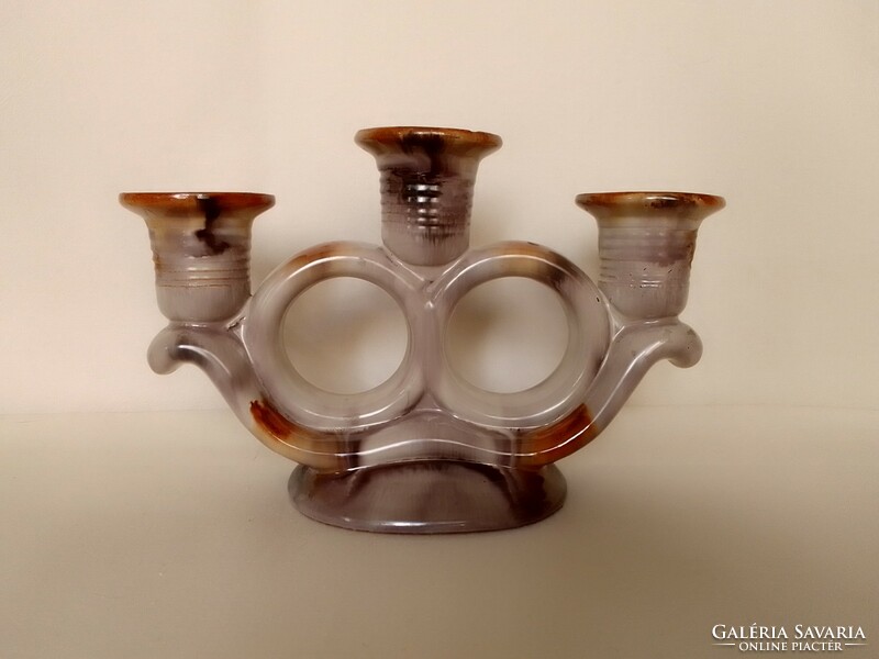 Antique old art deco glazed ceramic table three-prong candle holder, 1930s,