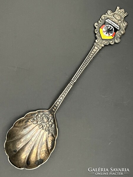 Old silver-plated decorative coffee spoon with German coat of arms enamel