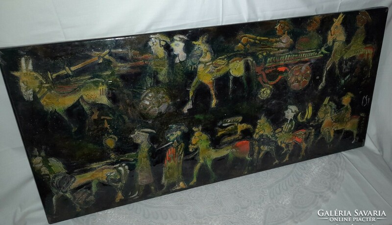 Ancient scene - marked fire enamel image - cs. Uhrin Tibor? - 97 cm x 45 cm