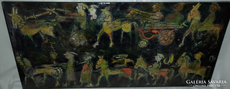 Ókori jelenet - jelzett tűzzománc kép - Cs. Uhrin Tibor ? -  97 cm x 45 cm