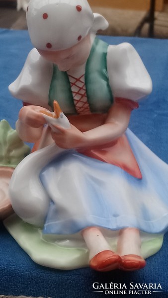 Zsolnay goose stuffing girl, colorfully painted rarity, marked!