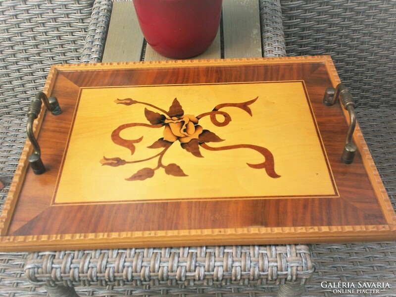 Rose inlaid wood tray with copper handle is older