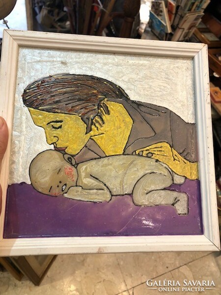 Glass painting, mother with child, size 20 x 20 xm.