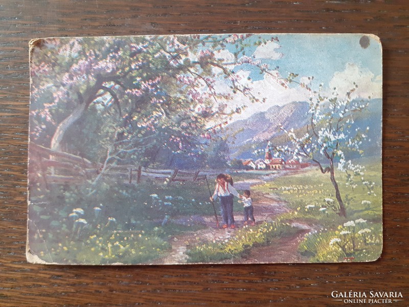 Régi képeslap vidéki tájkép tavasz levelezőlap