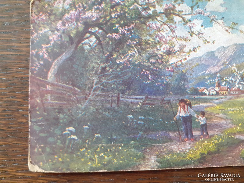 Old postcard rural landscape spring postcard