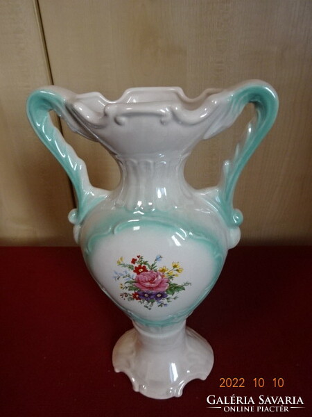 German porcelain vase, two handles, floral, painted green. He has! Jokai.