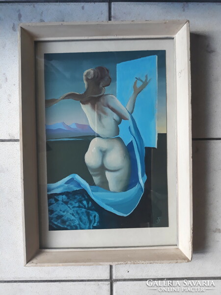 Surreal nude with blue scarf - signed oil painting