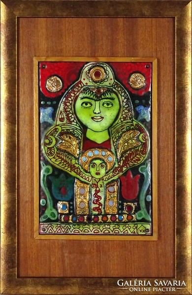 1J773 Kátai Mihály : Anya gyermekével tűzzománc kép 34.5 x 22.5 cm